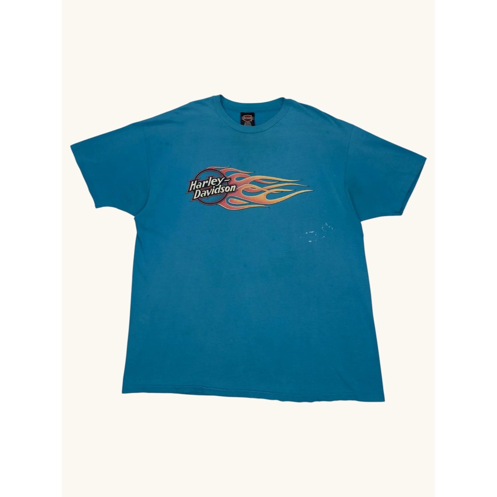 Vintage Harley Davidson Outpost Pueblo Colorado Flame T-Shirt Blue XXL USA Made